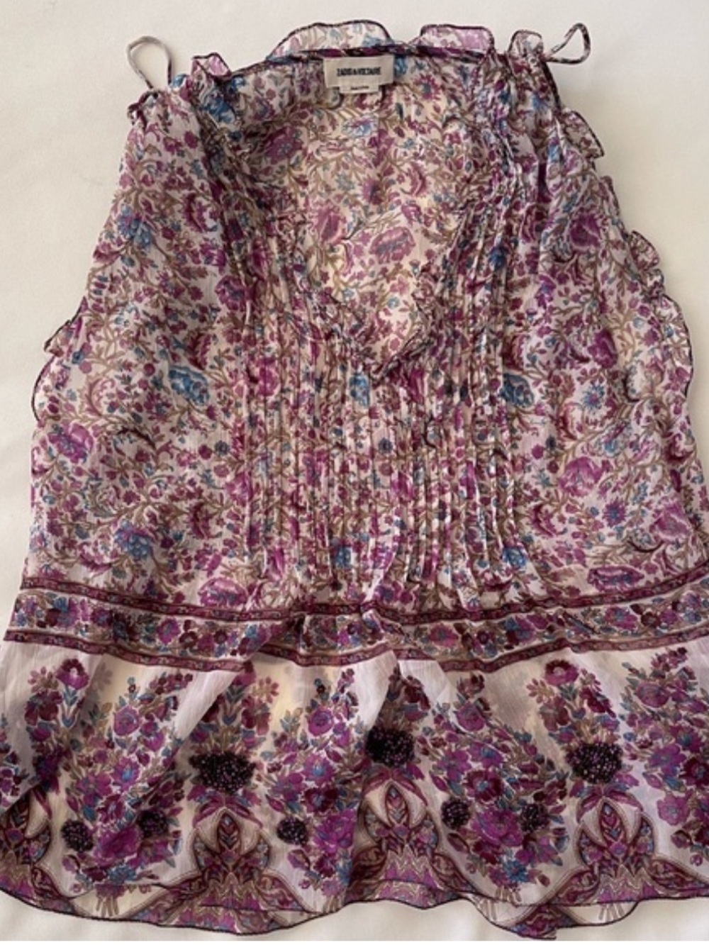 Zadig & Voltaire Silk Floral Sheer Ruffled Camisole w/ Ties at Shoulder